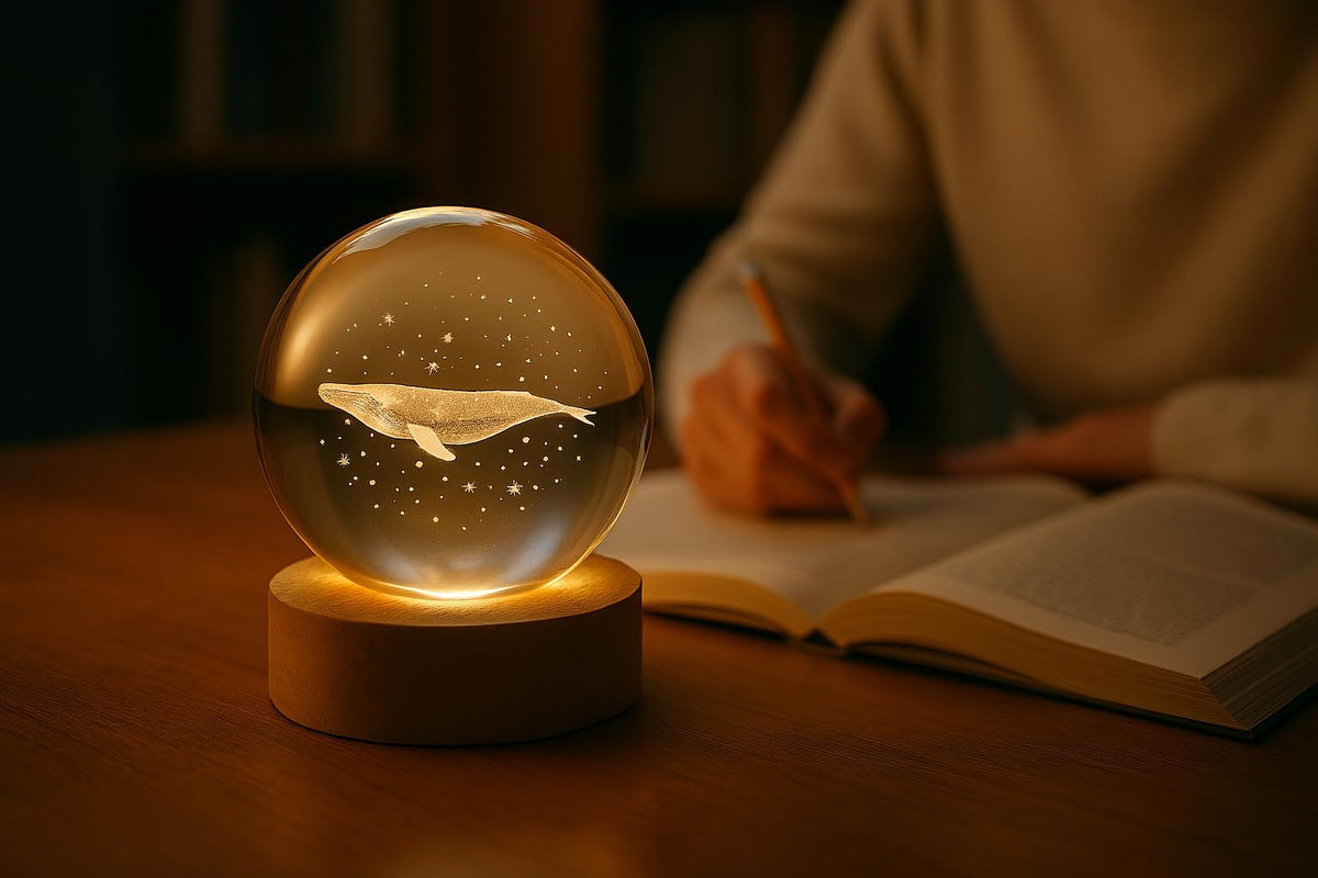 Small Crystal Ball Lamp with 3D Engraving and Luminous Base – Whale