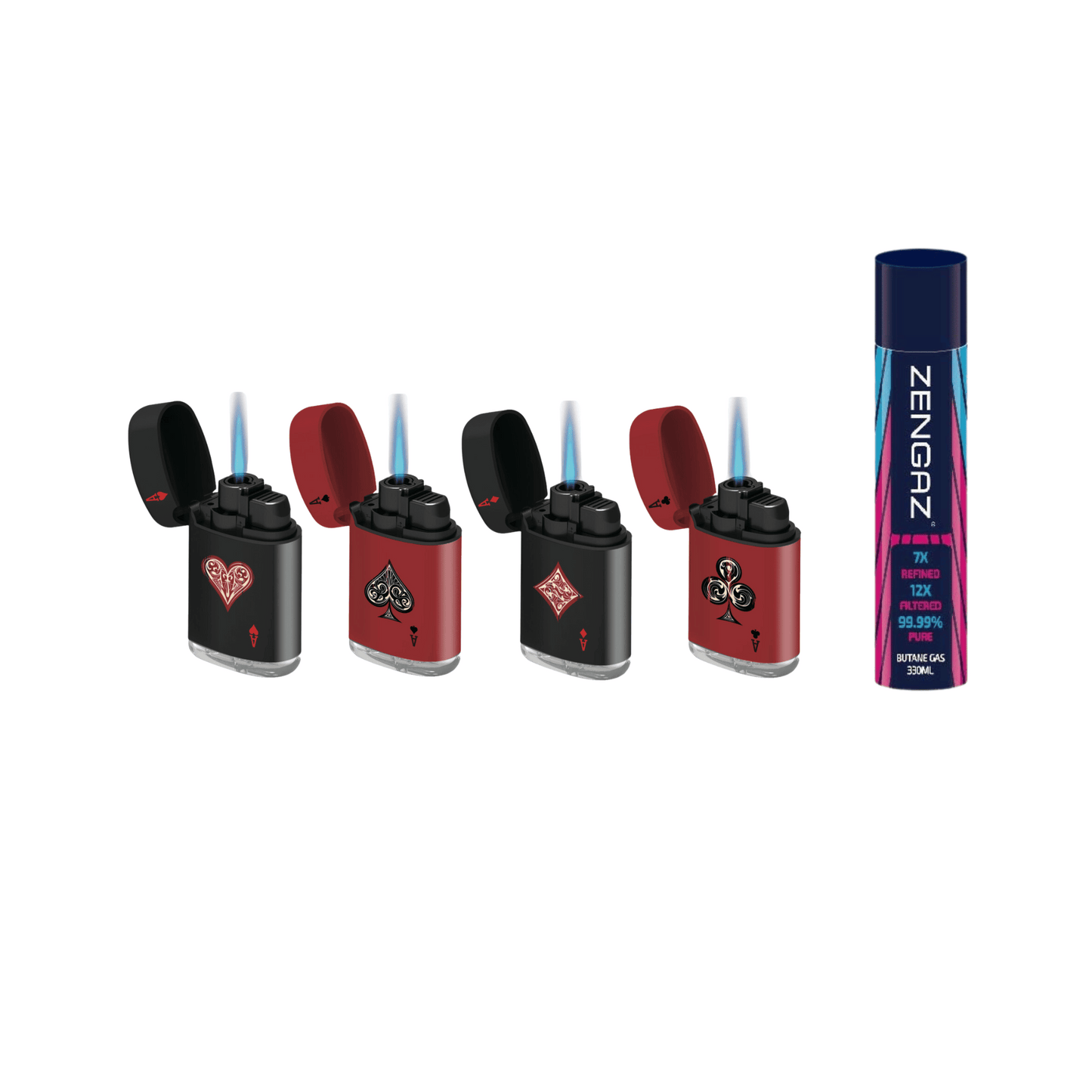 4 Zengaz ZL-3 Jet Flame Lighters & 330ml Pure Butane Zengaz Gas