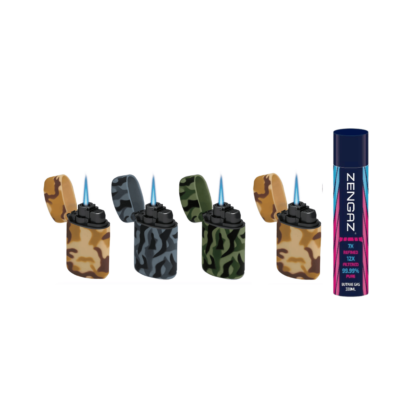 4 Zengaz ZL-3 Jet Flame Lighters & 330ml Pure Butane Zengaz Gas