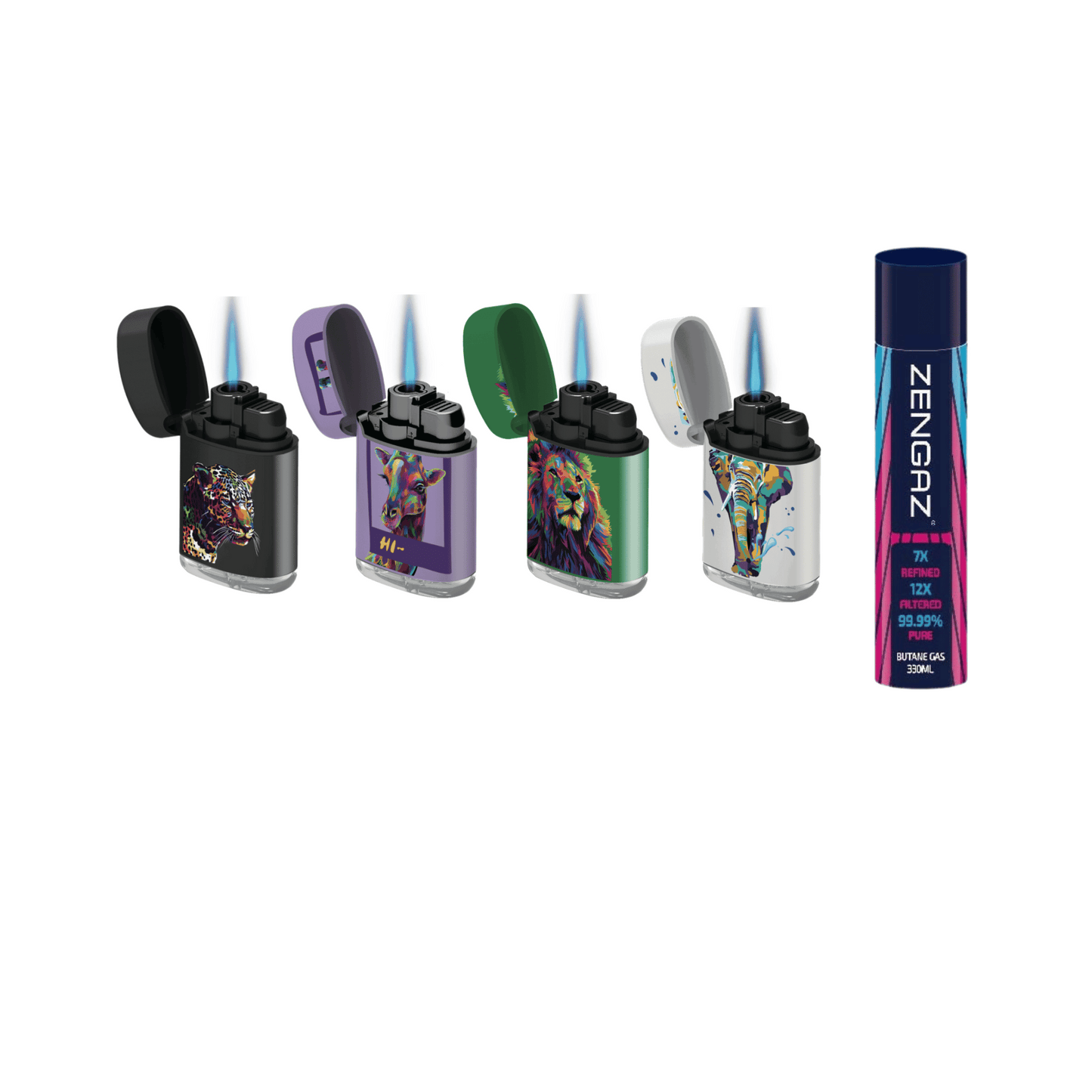 4 Zengaz ZL-3 Jet Flame Lighters & 330ml Pure Butane Zengaz Gas