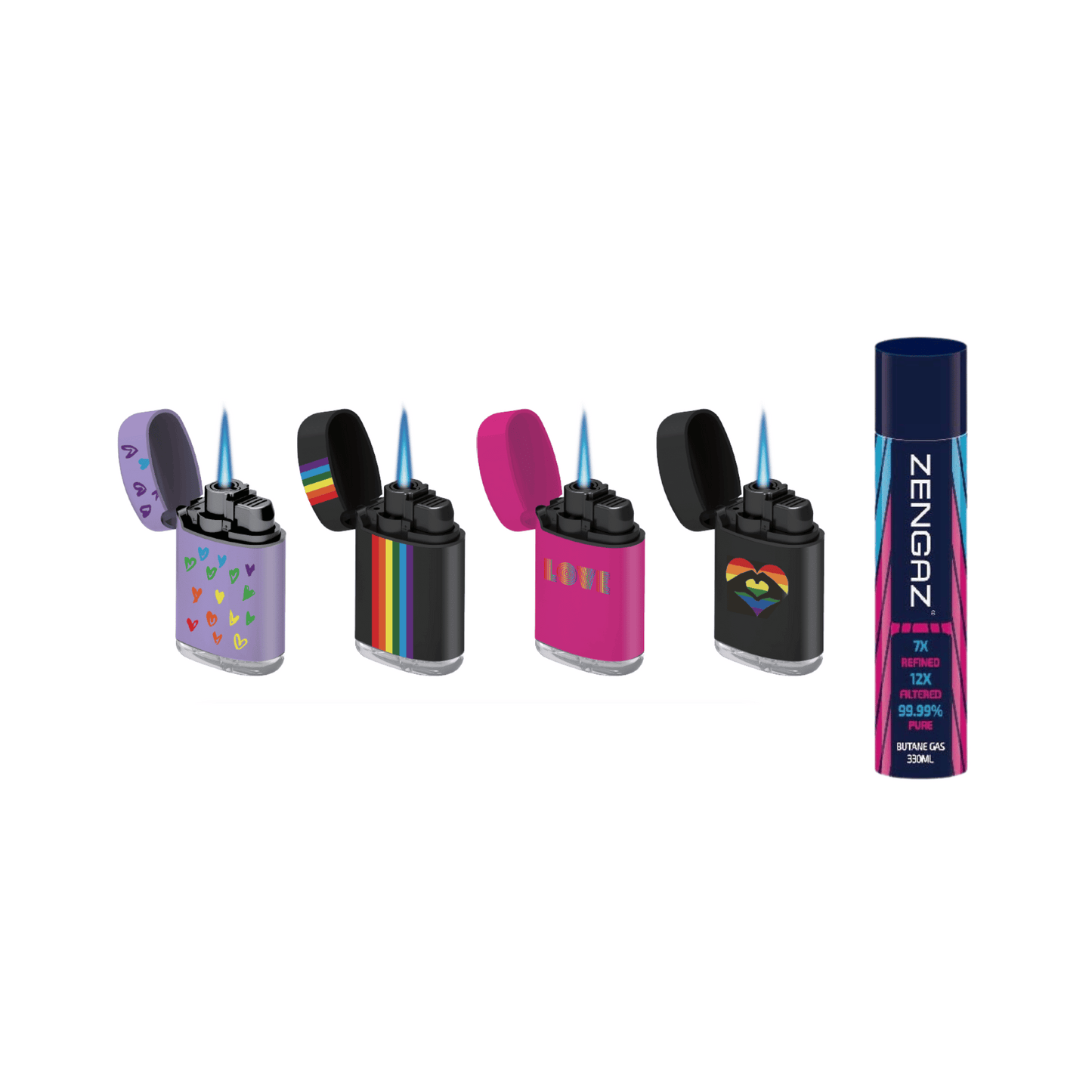 4 Zengaz ZL-3 Jet Flame Lighters & 330ml Pure Butane Zengaz Gas