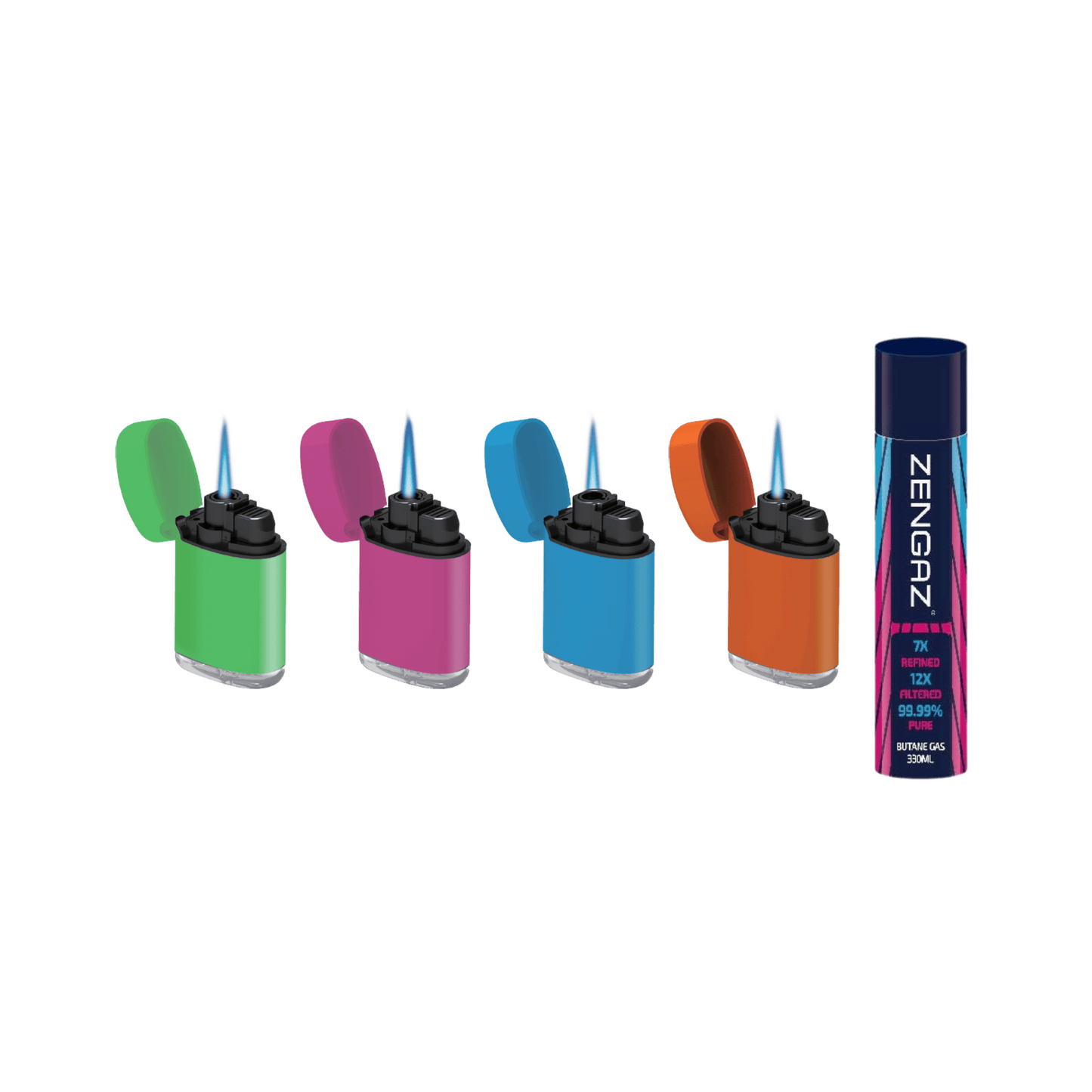 4 Zengaz ZL-3 Jet Flame Lighters & 330ml Pure Butane Zengaz Gas