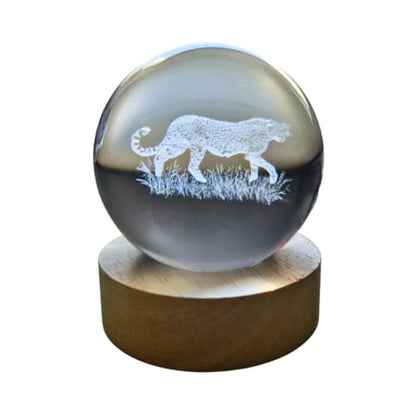 Small Crystal Ball Lamp with 3D Engraving and Luminous Base – Cheetah