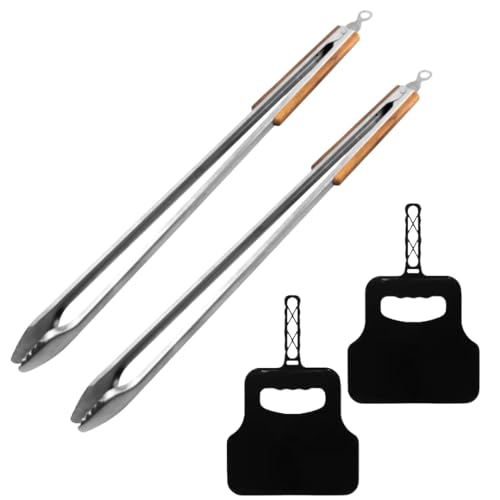 DeBest Extra Length Braai Tongs (80cm) and Braai Fan – 2 Pack Combo – Heavy-Duty Stainless Steel BBQ Tongs with Wooden Handles and Durable Fire Starter Fans