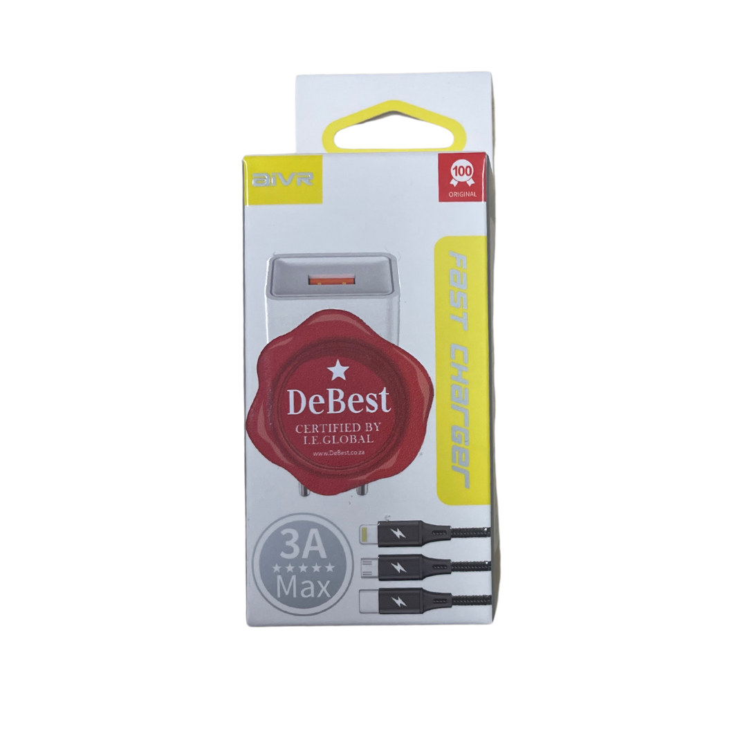 DeBest Wall Travel Charger + 3 in 1 Cable