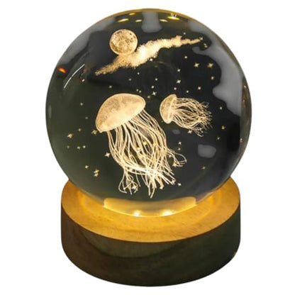 Crystal Ball Lamp with 3D Engraving and Luminous Base - Cosmic Jelly Fish