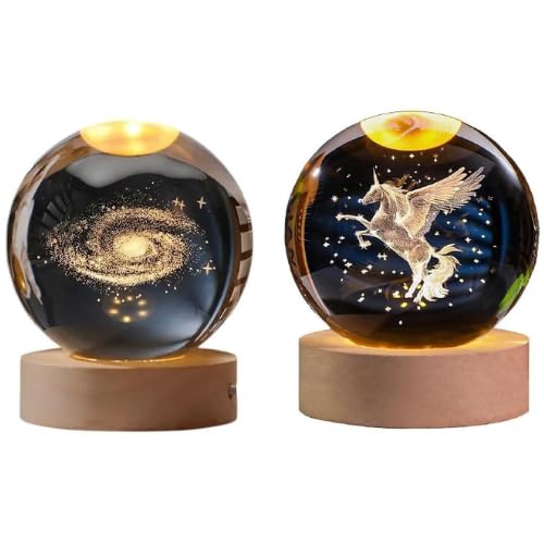 Crystal Ball Lamp with 3D Engraving and Luminous Base - 2 Pack (Unicorn and Galaxy)
