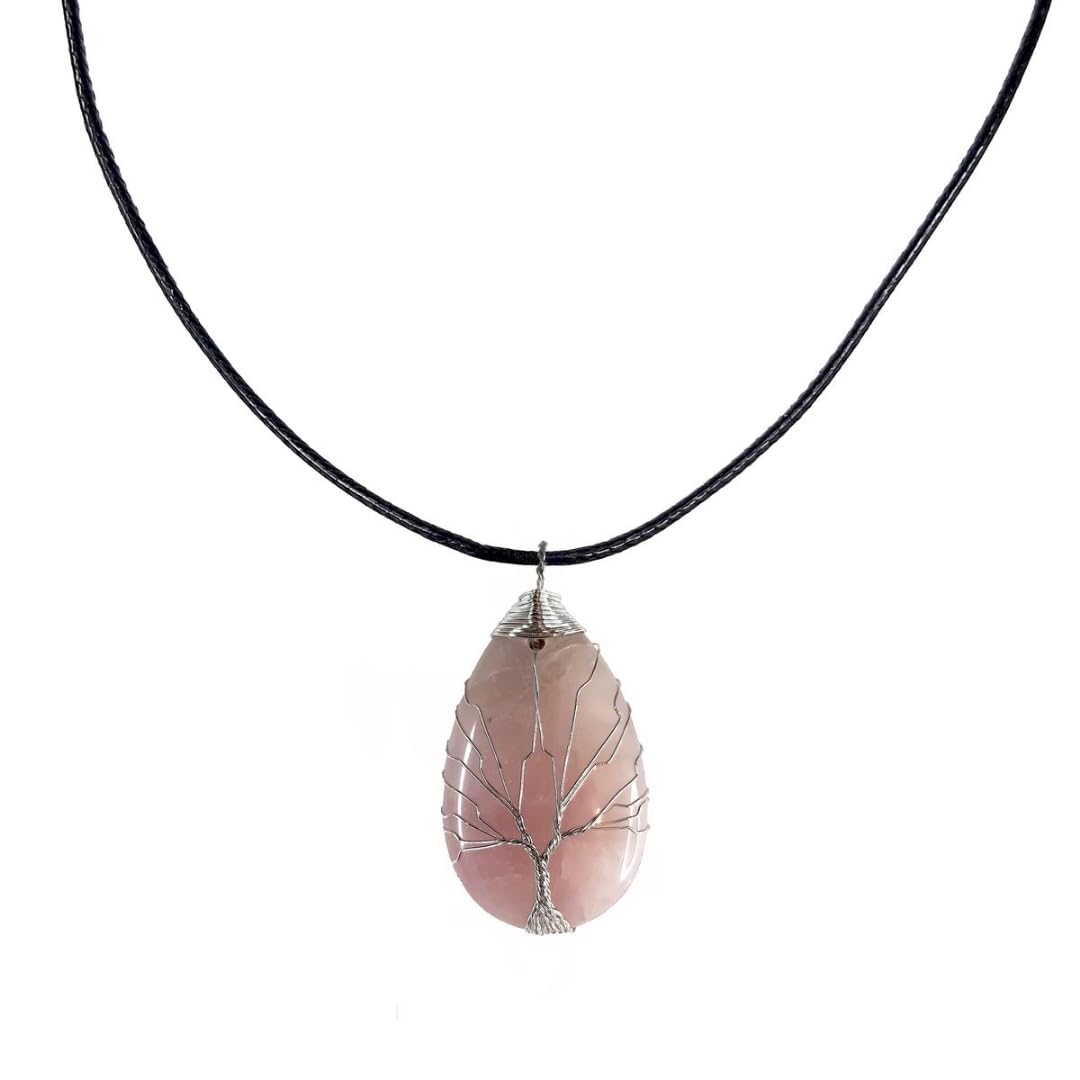 Earth Stone Collection - Wire Tree Of Life - Stone Necklace (Rose Quartz)