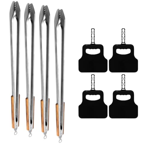 DeBest Extra Length Tongs (80cm) and Braai Fan – 4 Pack Combo – Heavy-Duty Stainless Steel BBQ Tongs with Wooden Handles and Durable Fire Starter Fans