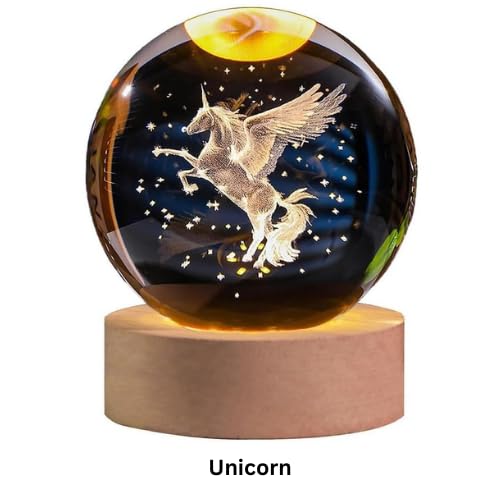 Crystal Ball Lamp with 3D Engraving and Luminous Base - 4 Pack (Unicorn, Jellyfish, Whale, Galaxy)