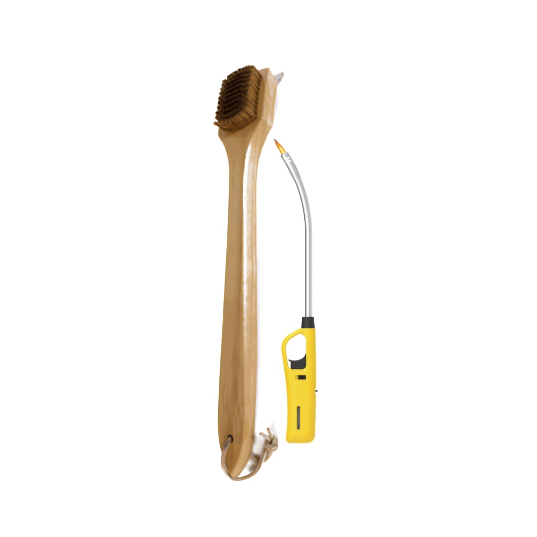 Wooden Handle Braai Grid Brush And Flexible Extra Length Braai Lighter (Yellow)