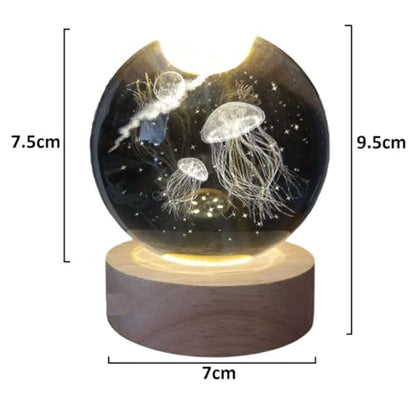 Crystal Ball Lamp with 3D Engraving and Luminous Base - Cosmic Jelly Fish