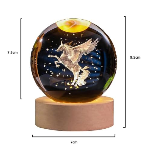Crystal Ball Lamp with 3D Engraving and Luminous Base - 2 Pack (Unicorn and Galaxy)