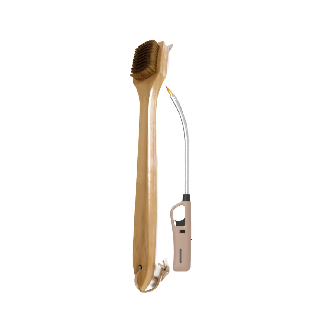 Wooden Handle Braai Grid Brush And Flexible Extra Length Braai Lighter (Brown)