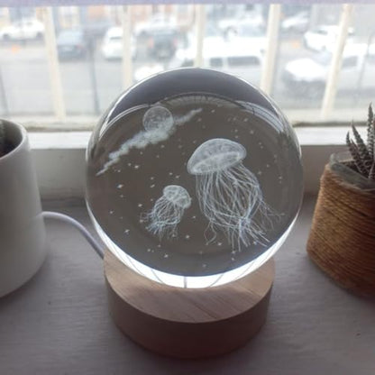 Crystal Ball Lamp with 3D Engraving and Luminous Base - Cosmic Jelly Fish