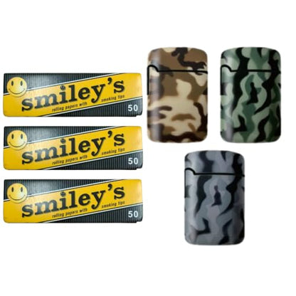 ZL3 Windproof Army Design Torch Jet Lighters + Smiley Queen Size Rolling Papers with Tips - 6 Pack