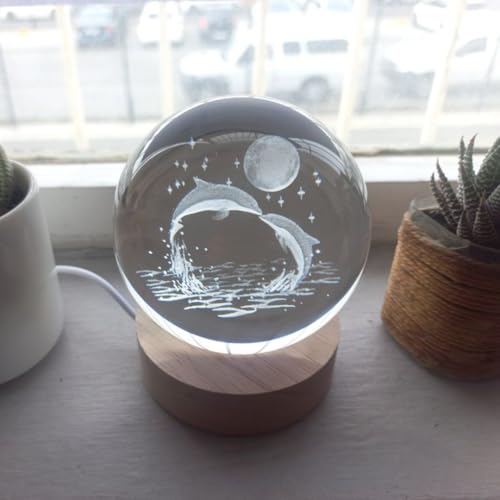 Crystal Ball Lamp with 3D Engraving and Luminous Base - Cosmic Dolphin