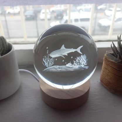 Crystal Ball Lamp with 3D Engraving and Luminous Base - Shark Reef