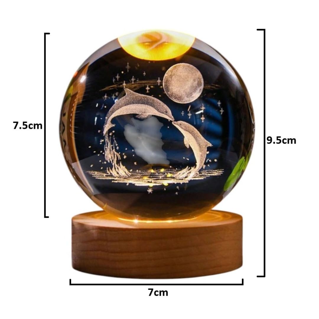 Crystal Ball Lamp with 3D Engraving and Luminous Base - Cosmic Dolphin