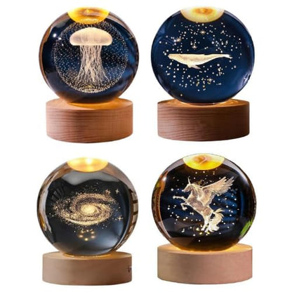 Crystal Ball Lamp with 3D Engraving and Luminous Base - 4 Pack (Unicorn, Jellyfish, Whale, Galaxy)