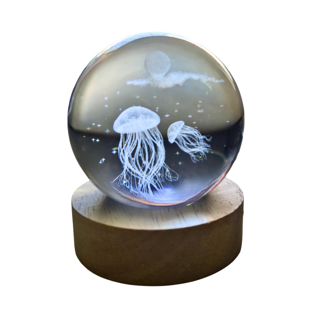Small Crystal Ball Lamp with 3D Engraving and Luminous Base – Jellyfish