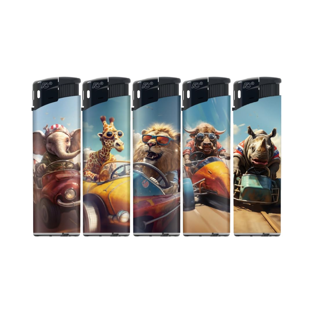 Electronic N2 Refillable Lighters – Cute Safari Assortment, Pack of 50