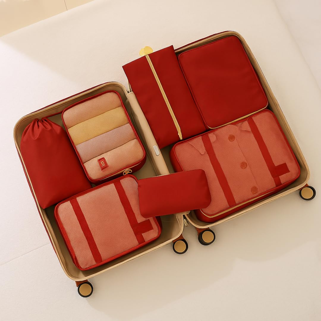 26" Hard Shell Suitcase with 7‑Piece Packing Organizer Travel Combo (Red)