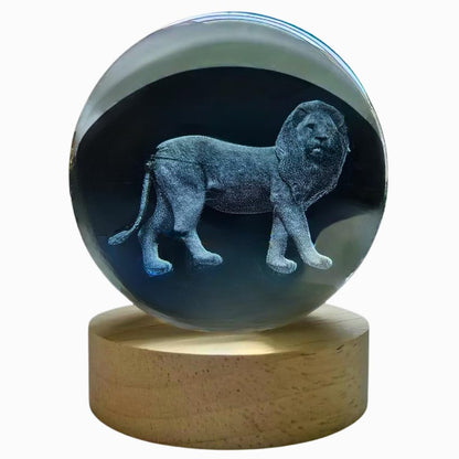 Crystal Ball Lamp with 3D Engraving and Luminous Base - Lion