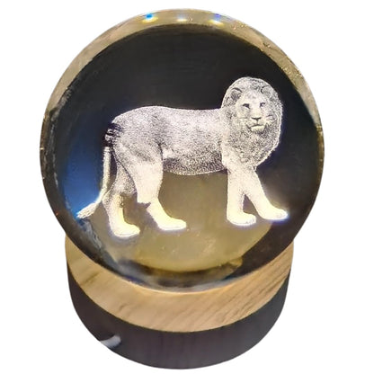 Crystal Ball Lamp with 3D Engraving and Luminous Base - Lion