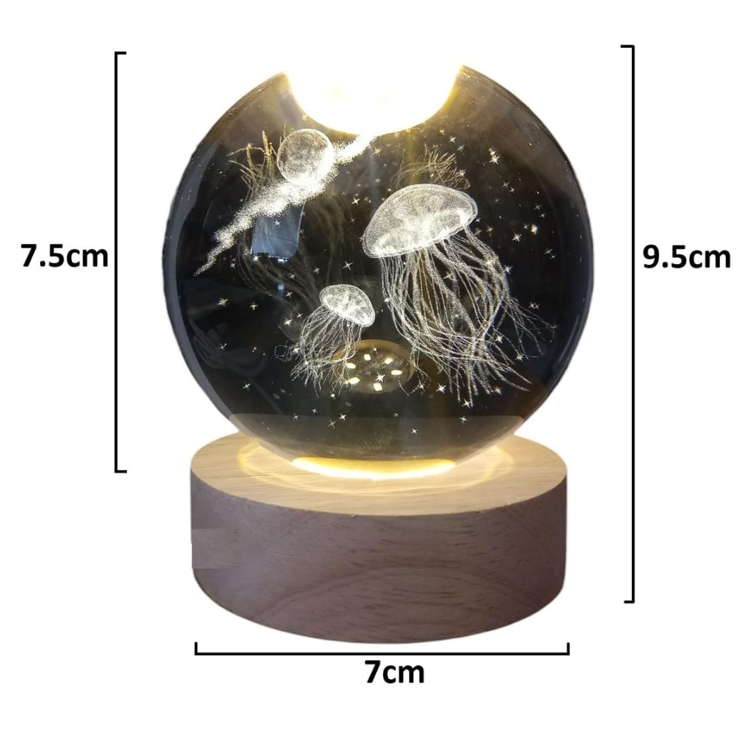 Crystal Ball Lamp with 3D Engraving and Luminous Base - Cosmic Jelly Fish