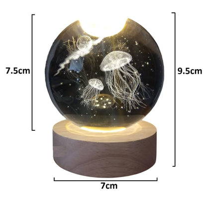 Crystal Ball Lamp with 3D Engraving and Luminous Base - Cosmic Jelly Fish