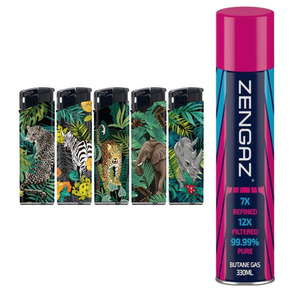 N2 Electronic Lighter - 5 Pack With 330ml Gas (Wild Animals)