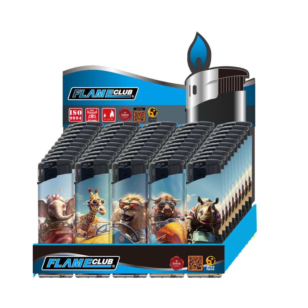 Electronic N2 Refillable Lighters – Cute Safari Assortment, Pack of 50