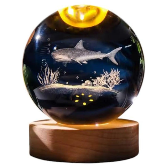 Crystal Ball Lamp with 3D Engraving and Luminous Base - Shark Reef
