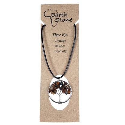 Earth Stone Collection - Round Tree Of Life Stone Necklace (Tigers eye)