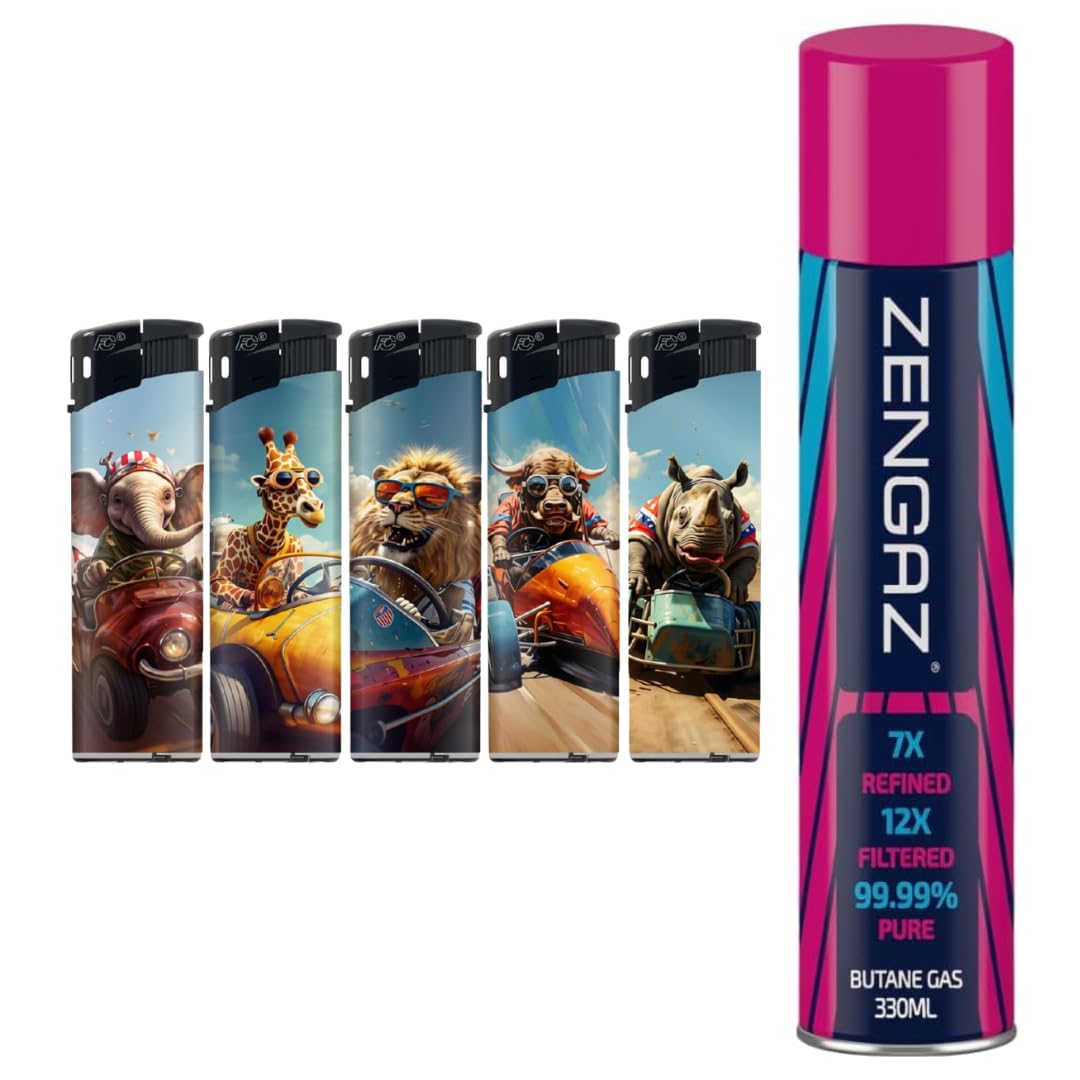 N2 Electronic Lighter - 5 Pack With 330ml Gas (Cute Safari) | Electronic Ignition, Refillable, Multi-Pack, Gas Included, Portable