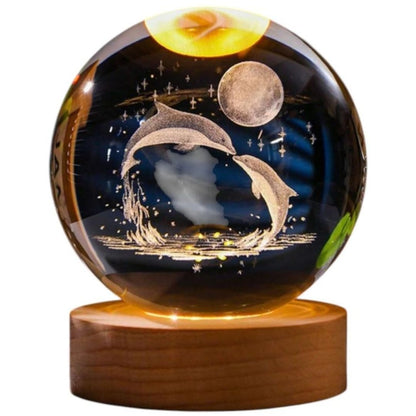 Crystal Ball Lamp with 3D Engraving and Luminous Base - Cosmic Dolphin