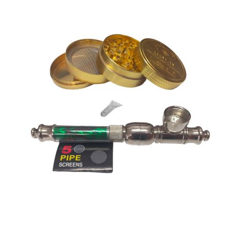 Rasta Pipe 13cm & 4 Piece Grinder Gold Bar - Green