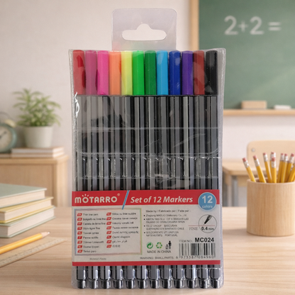 Motarro Fibre Tip Markers - 0.4mm - 12 Piece Set