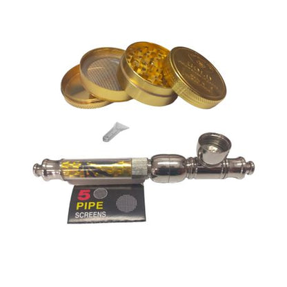 Rasta Pipe 13cm & 4 Piece Grinder Gold Bar - Green