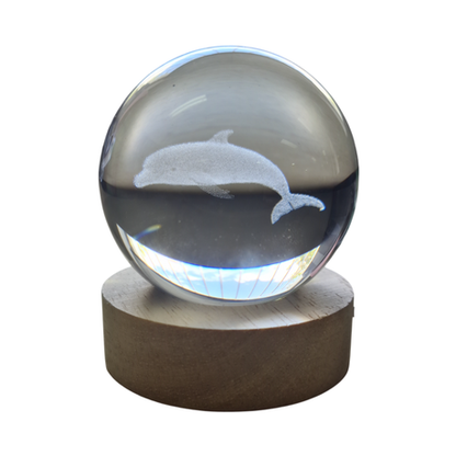 Small Crystal Ball Lamp with 3D Engraving and Luminous Base - Dolphin