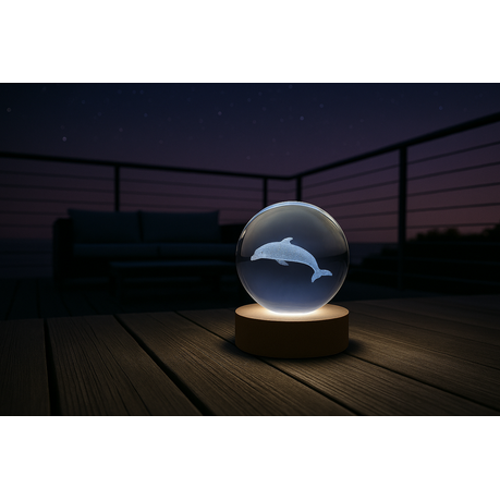 Small Crystal Ball Lamp with 3D Engraving and Luminous Base - Dolphin