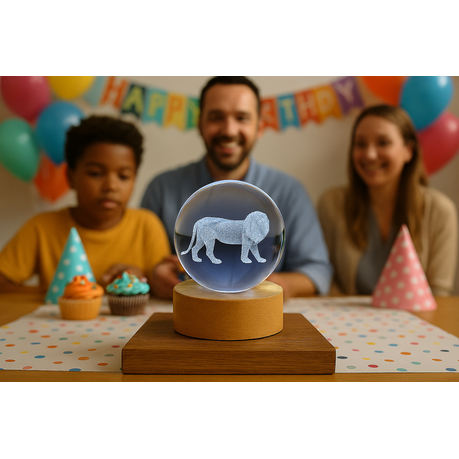 Small Crystal Ball Lamp with 3D Engraving and Luminous Base - Lion