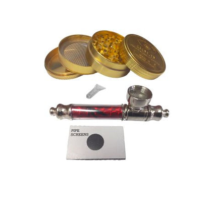 Rasta Pipe 10cm & 4 Piece Grinder Gold Bar - Yellow