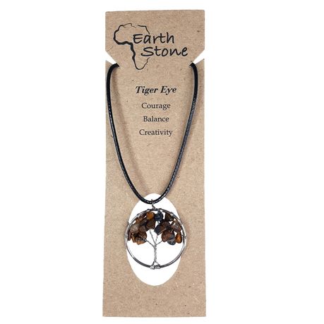 Earth Stone Collection - Round Tigers Eye Tree Of Life Stone Necklace