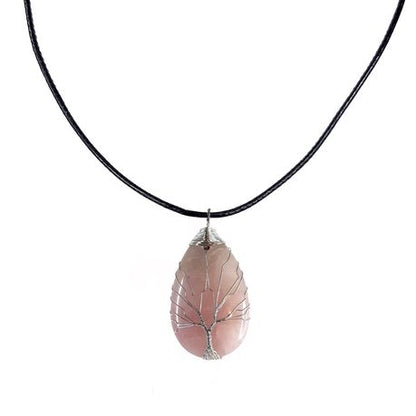 Earth Stone Collection - Wire Tree Of Life - Rose Quartz Stone Necklace