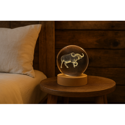 Small Crystal Ball Lamp with 3D Engraving and Luminous Base - Buffalo