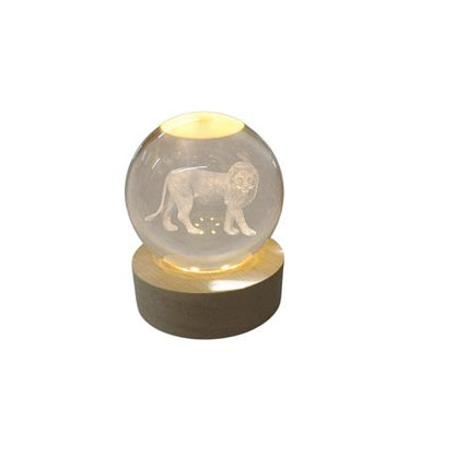 Small Crystal Ball Lamp with 3D Engraving and Luminous Base - Lion