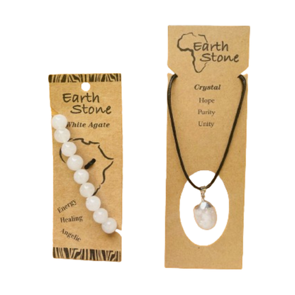 Earth Stone - White Agate Bracelet & Polished Clear Quartz Necklace Set