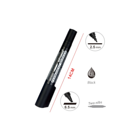 Motarro Permanent Marker Double Sided Black 6.5mm And 2.5mm - 3PCS